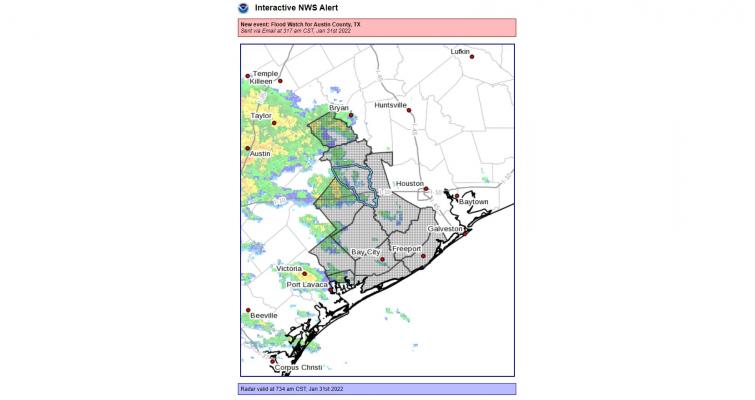 A Flood Watch has been issued for Austin County throughout Monday, Jan. 31, by the National Weather Service.
