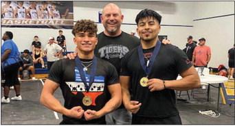 Jeremiah Metzgar and Alex Mendez with Sealy Powerlifting Head Coach Jimmie Osborne after the pair qualified for the state meet. CONTRIBUTED PHOTOS