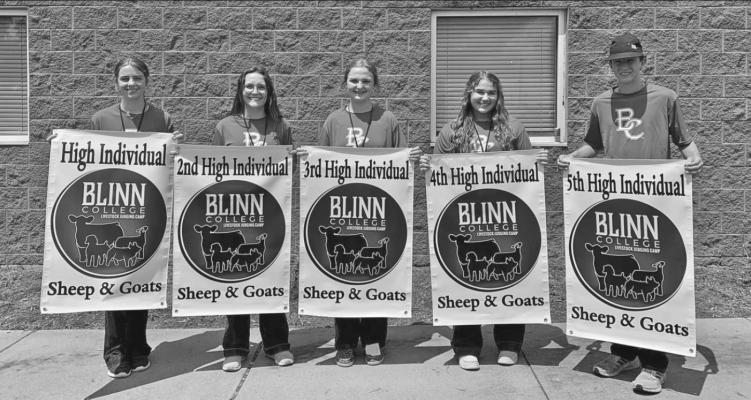 Students pictured placed in the top five for Individuals Sheep at the Blinn Livestock Judging Camp. Left to right: First place Camryn Skaggs, second place Kenna Schram, third place Madison Moseley, fourth place Taryn O’Brien, and fifth place Weston Hendrix. CONTRIBUTED PHOTOS