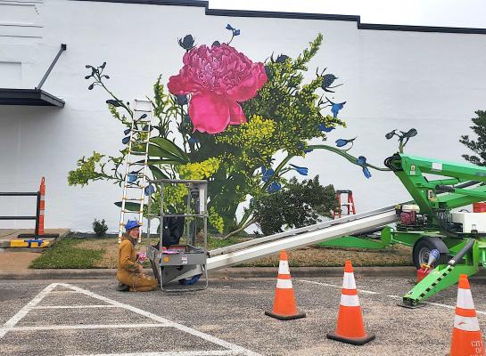 Mel Eason, owner of Joy Brush Designs, recently completed her floral mural on the side of the Edward Jones building in downtown Sealy. (Amanda Luksha/Sealy News)