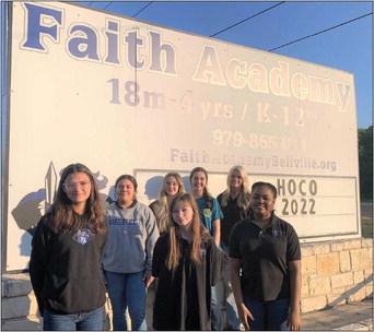 Faith Academy student body has voted and is announcing the 2022 Homecoming Court. They are, left to right, front row: Jayla Jackson, Freshman Princess Anna Froehlich, Junior Princess Ja’Kasia Ragston, Sophomore Princess. Back row, left to right, are Queen candidates Ary Castillo, Ella Polston, Rachel Kuespert, Chesney Johnston and Maddie Halverson (not pictured) The Homecoming game is on Friday, Oct. 21 at 7 p.m. at SAB Stadium on the FA Campus. The Knights will play the Fort Bend Chargers.