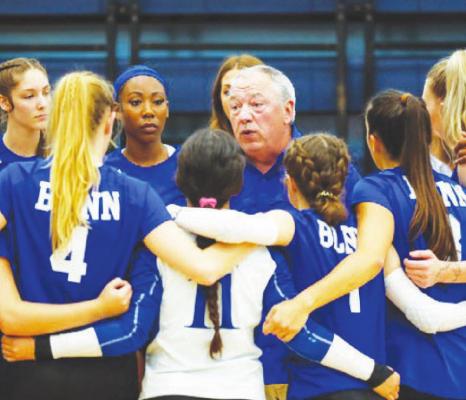 Blinn Head Volleyball Coach Terry Gamble holds a conference with his team during the season. The Buccaneers finished eighth in their second consecutive appearance in the NJCAA Division I Volleyball Championship in Hutchinson, KS, and Gamble was also honored as one of two AVCA Region Coaches of the Year. CONTRIBUTED PHOTO