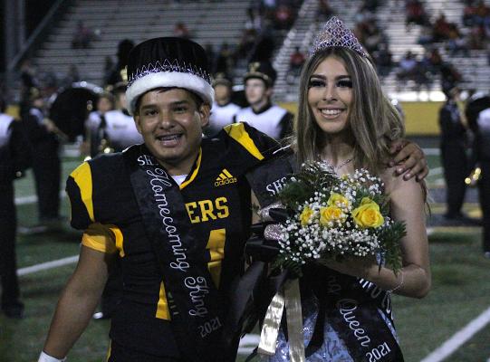 Oswaldo Rodriguez and Mercedes Lozano pose after being named Homecoming King and Queen last Friday night, Sept. 17, at T.J. Mills Stadium in Sealy. PHOTOS BY COLE McNANNA