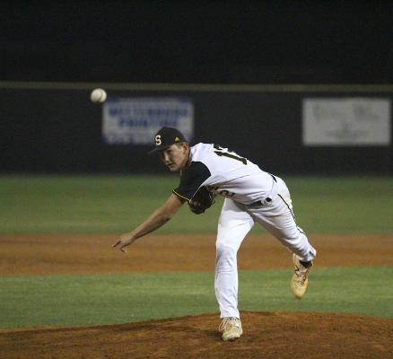 Sealy senior Rhys Reichardt went the distance on the mound last Friday and limited Navasota hitters to two hits and no runs in the 5-0 victory that closed the first round of play within District 24-4A at Aubrey “Mutt” Stuessel Stadium. (Cole McNanna/Sealy News)