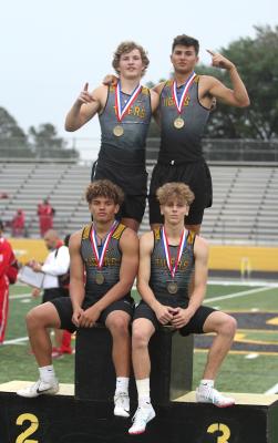 Sealy’s mile-relay team of Callen Rabius, Mason Klotz, D’vonne Hmielewski and Haden Wernecke won the final event of the day to register a tie atop the team standings at the Area Championship hosted at T.J. Mills Stadium last Wednesday. (Cole McNanna/Sealy News)