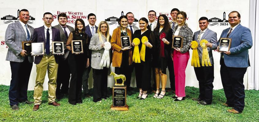 Blinn College livestock judging students competing at the Fort Worth Stock Show &amp; Rodeo were (front, from left) Dax DeLozier, Zander Ivey, Devyn Gaff, Kinsey Gardner, Cassie Jo Bennett, Tanna Thiel, Brooke Poole, Dylan Hartman, and Justin Spies; and (back, from left) Cayden Alexander, Samuel Belt, Blane Warnken, Bryson Stone, and Weston Hinze. Blinn finished second among community colleges.