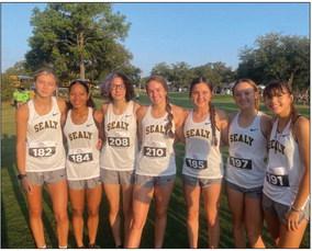 Sealy’s varsity girls captured first place at the Bellville Meet held Saturday, Sept. 2. Left to right are Addison Clark, Bryanna Danas, Ria Torres, Annabelle Williams, Haylee Eder, Jacie Kainer and Allyson Guerrero.