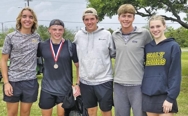 These tennis players made it to the semi-final round at District Tennis last Thursday, 3/30. Left to right: Nik Young, Seth Pine, Connor Vesely, Colby Eschenburg, Emmy McDaniel. Seth Pine won 3rd place and is the runner-up for Regionals. Boys Doubles team of Nik and Connor and Mixed Doubles team of Colby and Emmy got 4th.