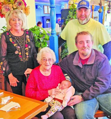 The Kieke family from Wallis gathered in November for Evelyn Kieke’s 94th birthday celebration. This fivegeneration photo was captured at the event. Pictured are Evelyn Kieke holding her great-great granddaughter Bellamour Santi Juarez Becka; Evelyn’s daughter Carol Becka, at left; her son Ryan and his son Hayden. CONTRIBUTED PHOTO